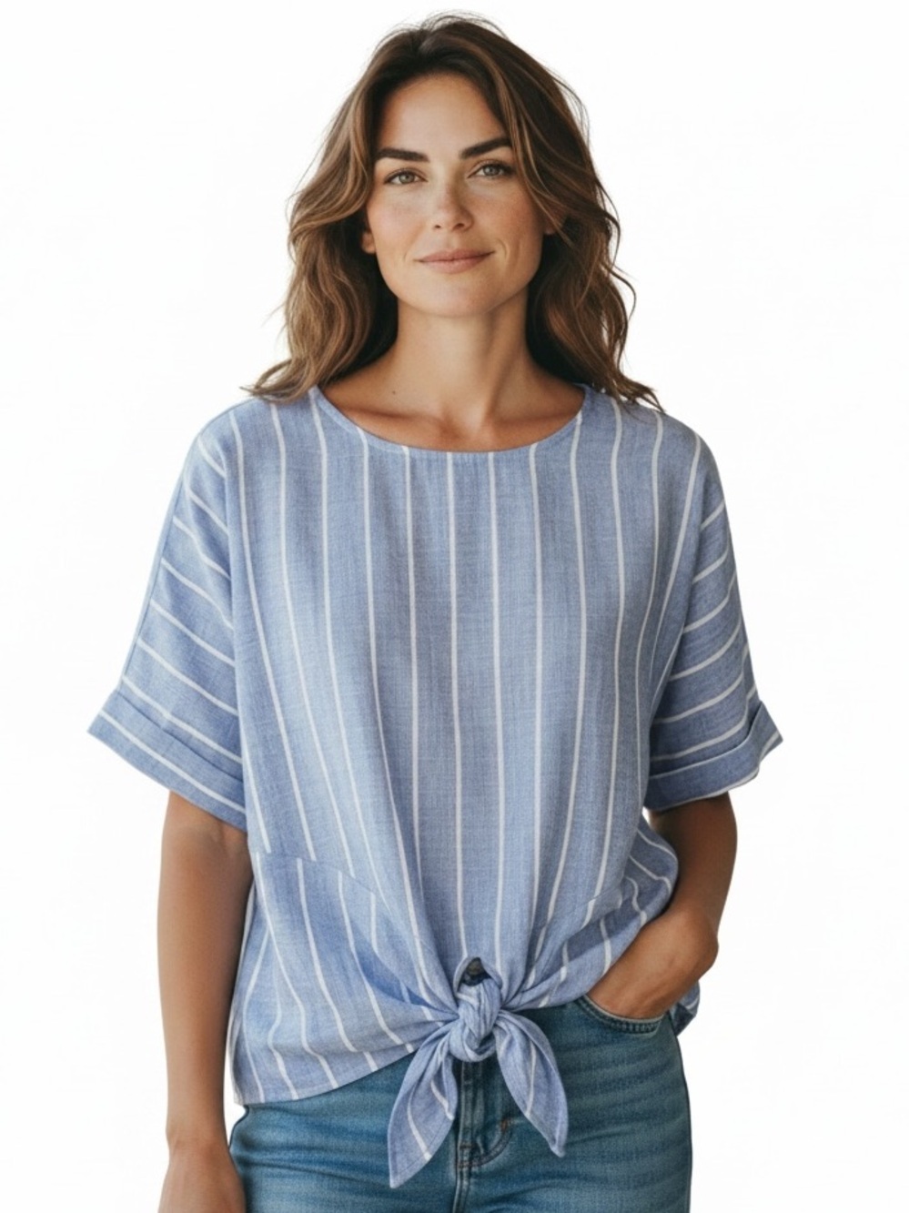 VINTAGE COMO Sz L Blue & White Striped Front Tie Cuffed Short Sleeve | GUC